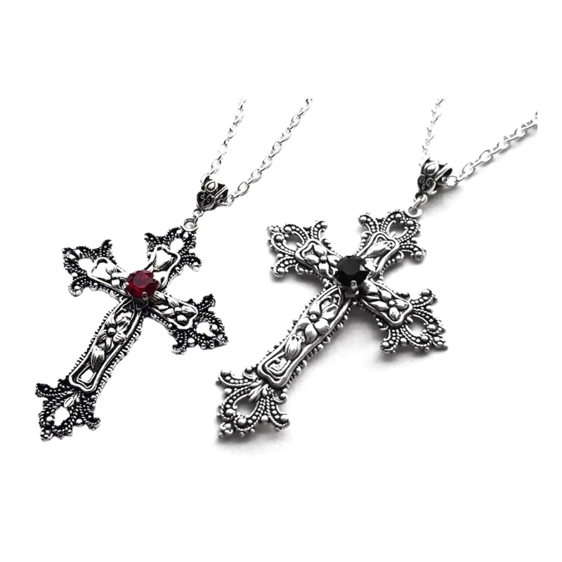 Vintage Baroque Christian Cross Necklace For Women Man Silver Color With Crystals Gothic Crucifix Symbol Unisex Jewelry