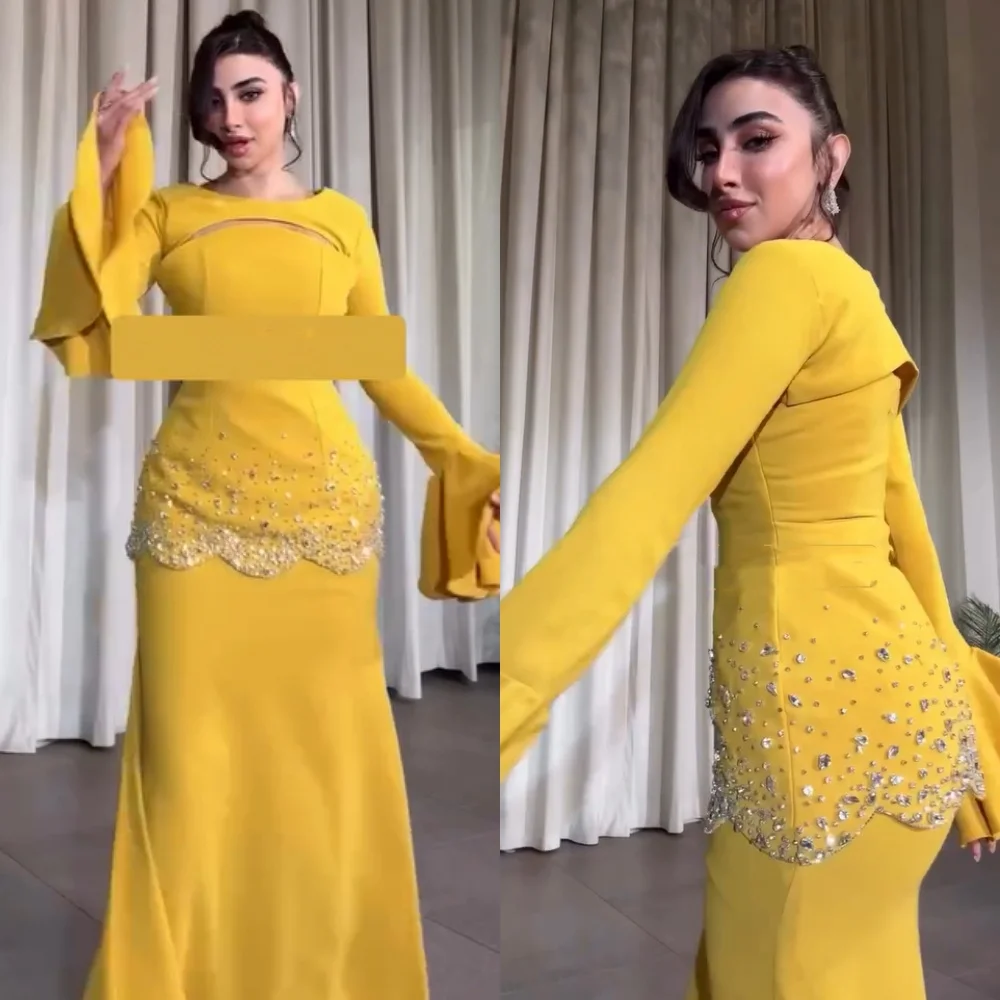 

Customized Chinese Style Jersey Pleat Sequined Pattern Mermaid O-Neck Long Dresses Bespoke Occasion Exquisite