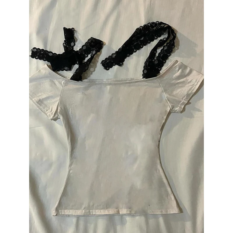 Women's Clothing Retro Off-Shoulder Short-Sleeved Top Slim-Fit T-Shirt Fashionable Y2K Retro Style Lace Camisole