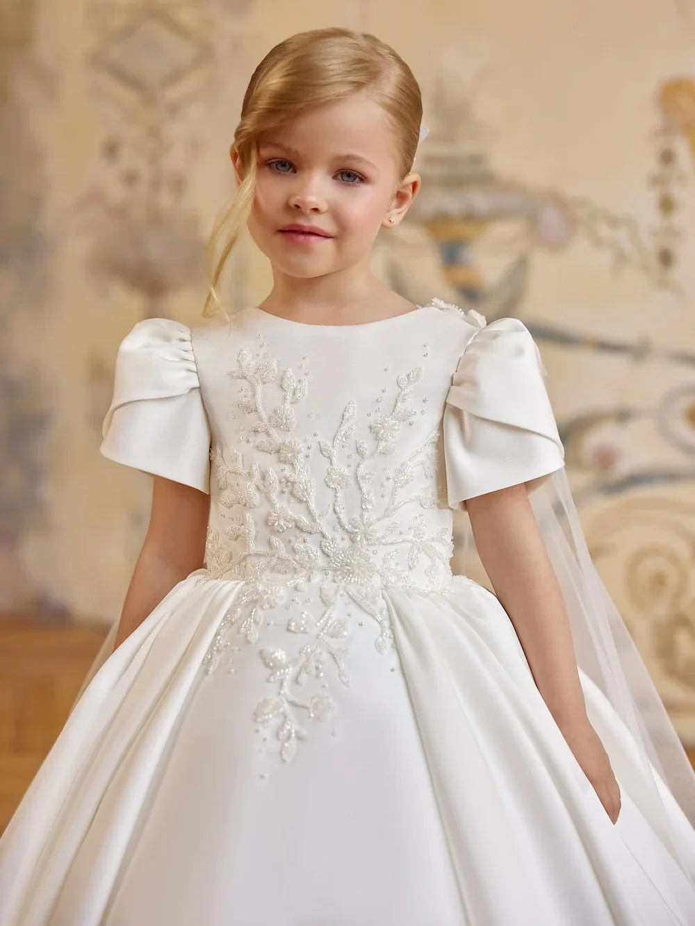 Txjojn New Flower Girls Dresses For Wedding Luxurious Beaded Satin Puff Sleeve Kids Princess Gown For Birthday Party 2-14Y