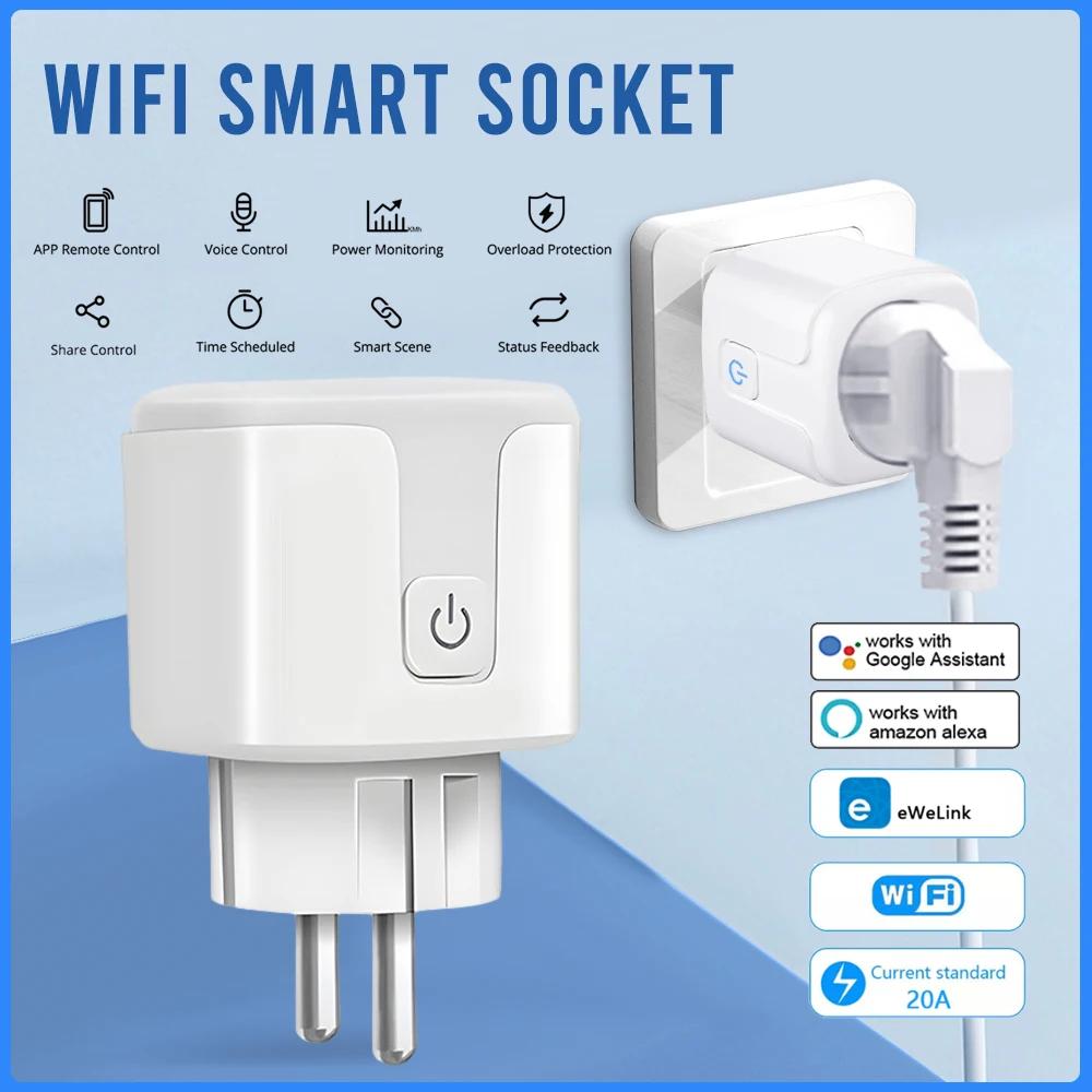 

EWelink WiFi Smart Socket 20A EU Smart Plug With Power Monitoring Timing Function Voice Control Via Alexa Google Home Yandex