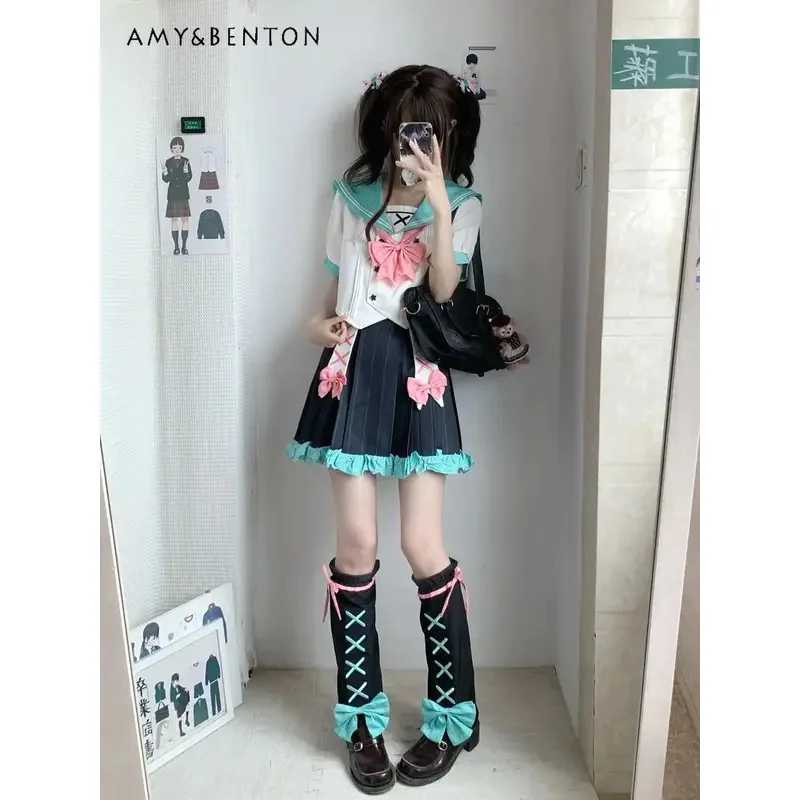 

25COSPrepy Style JK Uniform Sailor Suit Japanese Sweet Cute Bow Short Long Sleeve Shirt High Waist Mini Skirt Two-piece Set Wome