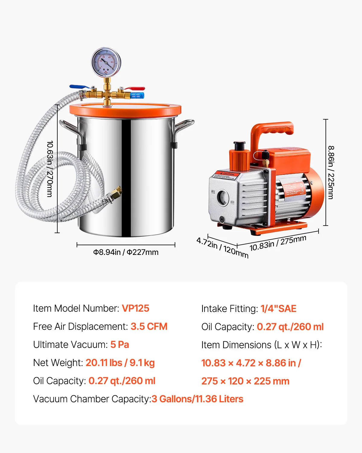 SucceBuy 1,5/3/5 gallon vacuümkamer en 3,5CFM eentraps pompset met 4,92ft slang voor ontgassing van harssiliconen epoxy's