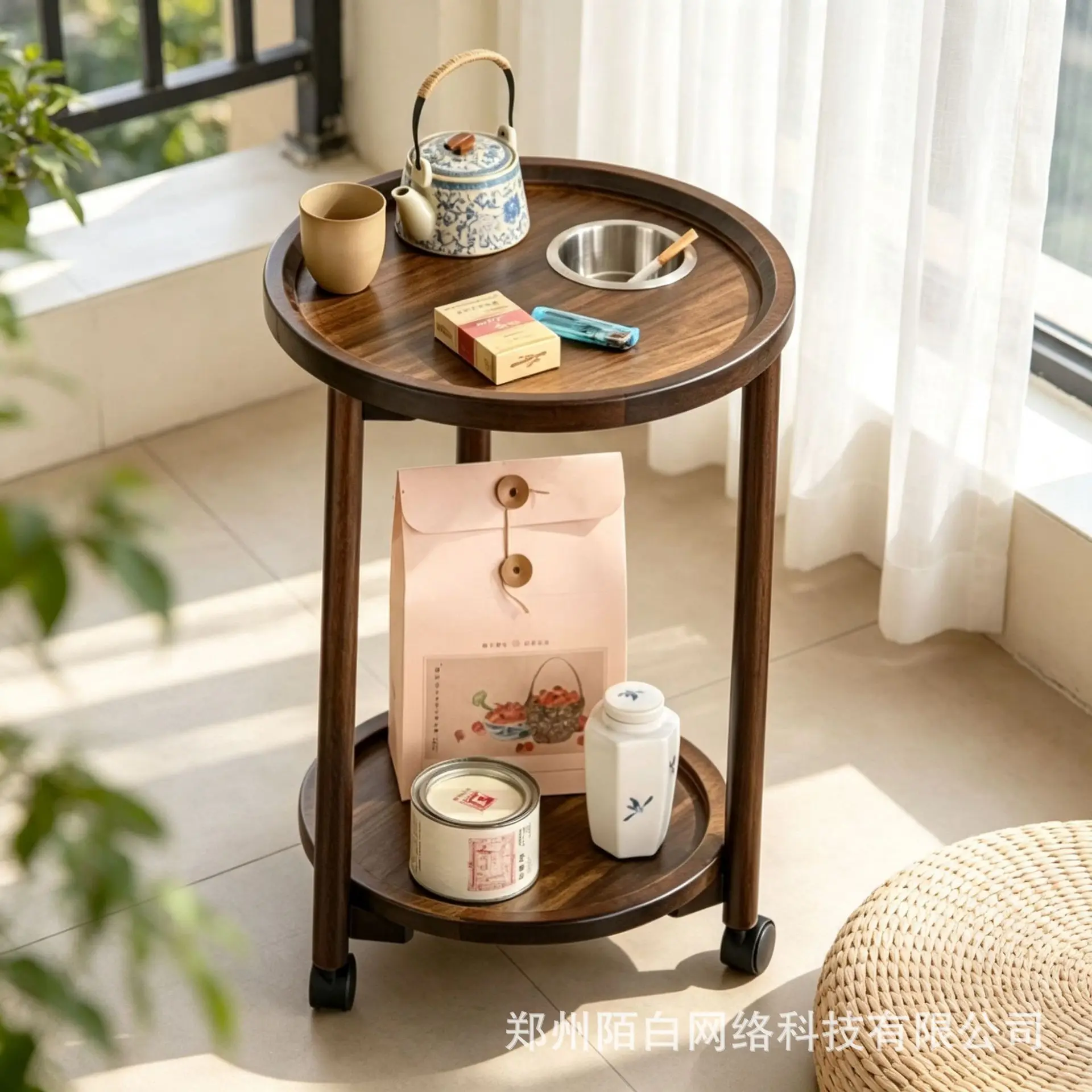 HYS Walnut Light Luxury Roller Side Table Living Room Sofa Corner Table Tea Room Mobile Small Tea Table Double-Layer Storage