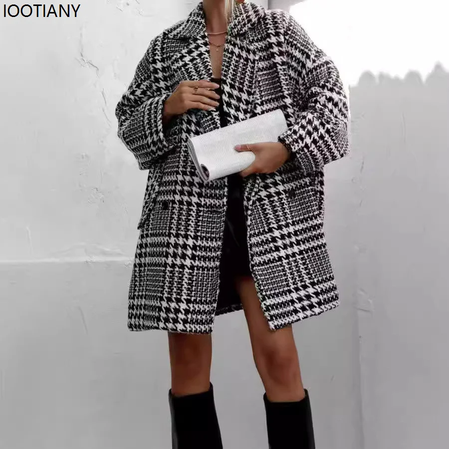 Autumn And Winter Thickened Loose Plaid Woolen Coat Women Houndstooth Pattern Overcoat Elegant Lapel Leisure Loose Jackets New