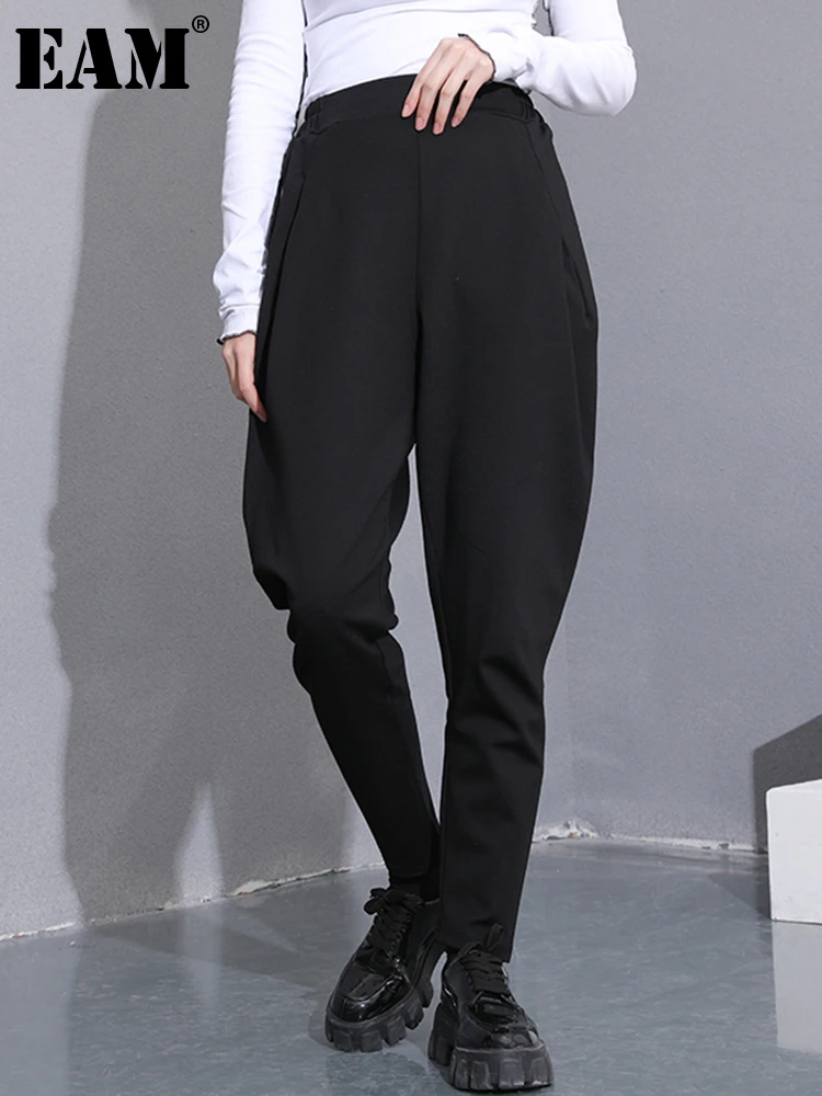 [EAM] High Elastic Waist Black Casrual Long Harem Trousers New Loose Fit Pants Women Fashion Tide Spring Autumn 2024 1DC41901