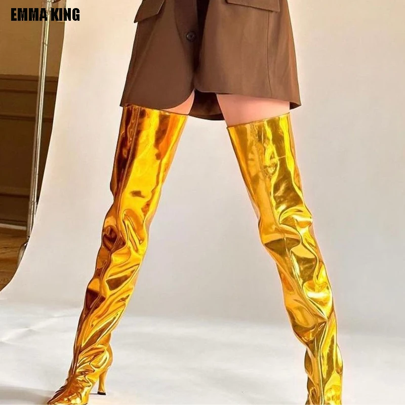 

2023 Thigh High Boots Women Sexy Patent Leather Gold Shiny High Heels Over The Knee Shoes Party Cosplay Big Size 44