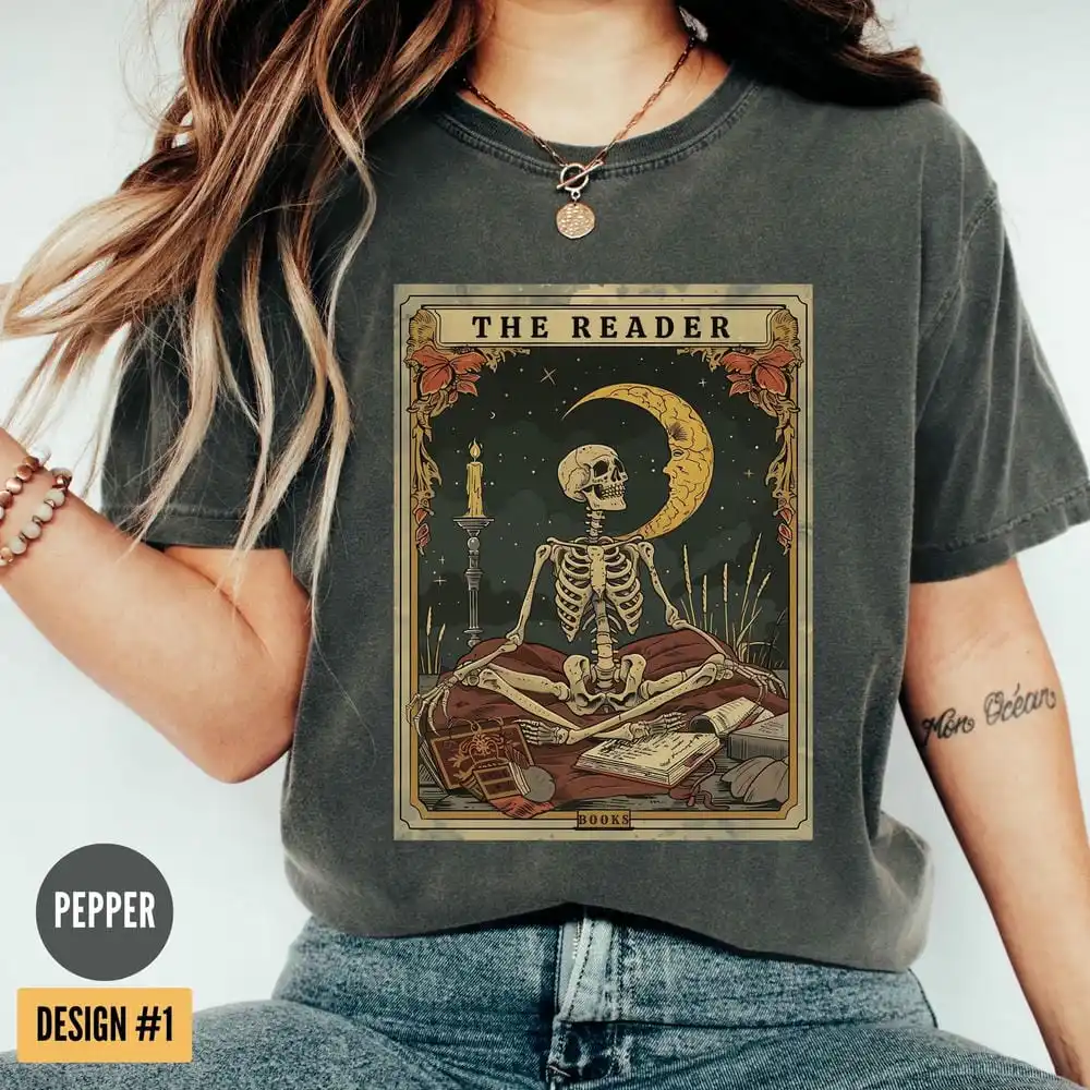 Vintage The Reader Tarot Card Shirt Skeleton Reading Magic Unisex Tee Book Lover Gift Casual Y2K Top Daily Trendy Streetwear