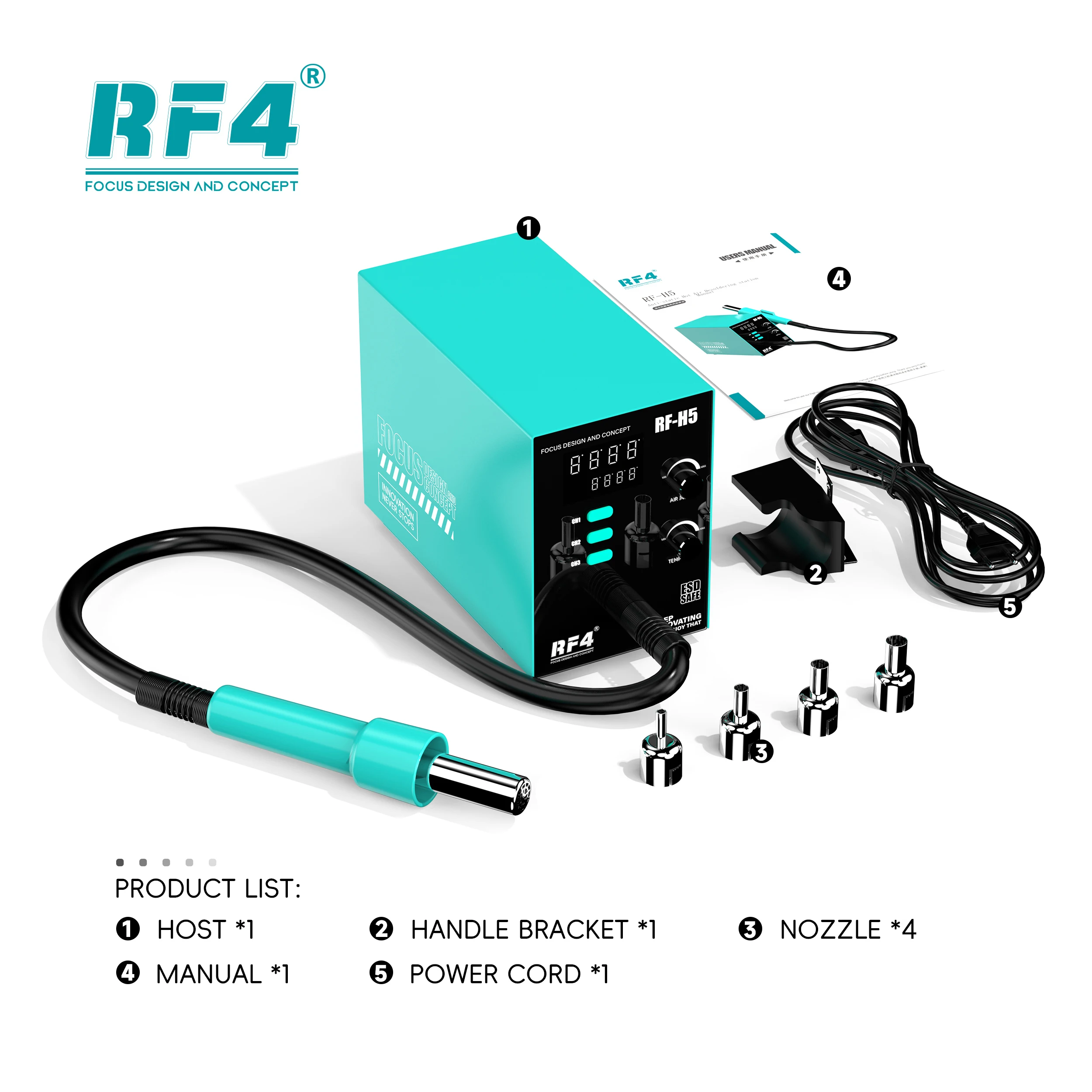 

RF4Hot Air Gun RF-H5 800W BGA Rework Solder Station Soldering Heat Air Gun Station 220V / 110V For SMD SMT Welding Repair