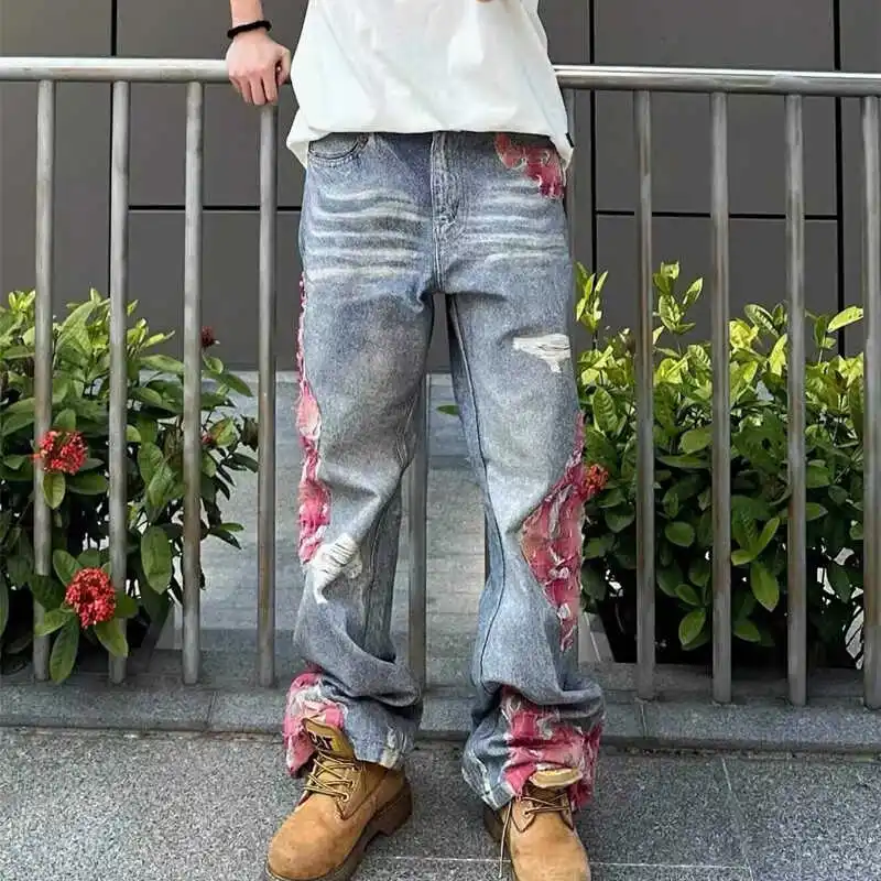 

Retro American Vibe Men's Loose Straight Leg Jeans with Lace Patchwork Hip Hop Sle Casual Wear All Season Long