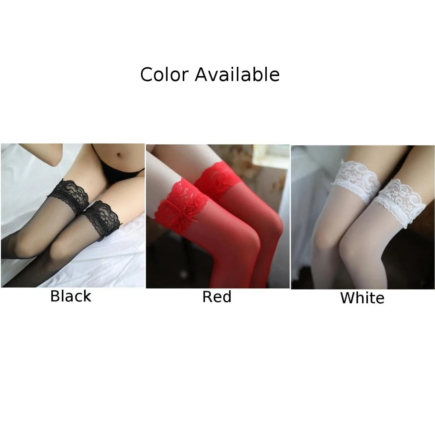 Doorschijnende Elastische Of Siliconen Strip Hold Ups Kousen, Vrouwen Sexy Kanten Top, Zwart/Rood/Wit, Maat 62 100Cm, Nylon Materiaal