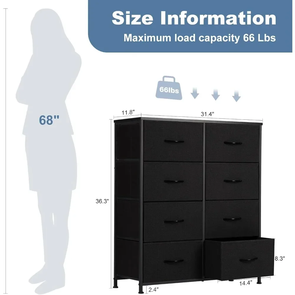 Dresser for Bedroom, Closet Storage with 8 Drawers, Cloth Dresser Clothes Organizers Tower with Fabric Bins, Metal Frame