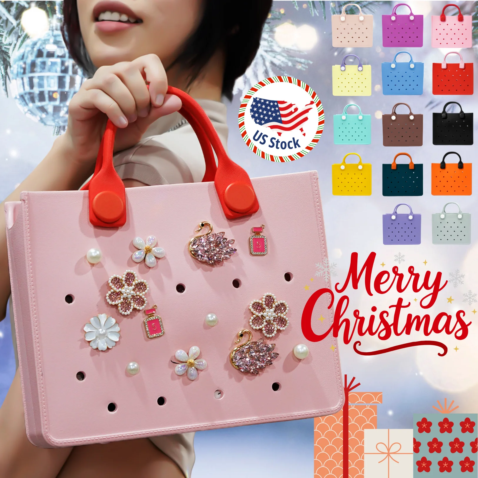 

Festive Christmas EVA Tote Handbag Women Large Waterproof Woman Bag Punch Hole Style Gift Bag for Holiday Christmas Bag