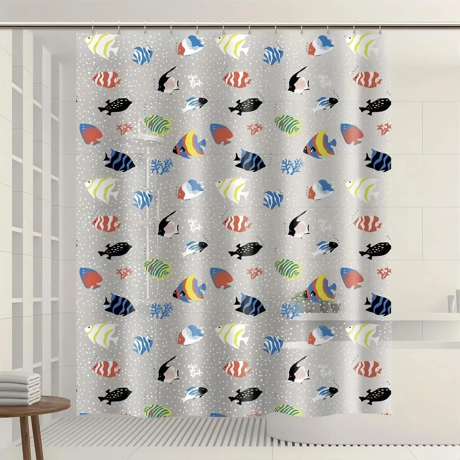 Tropical Fish Shower Curtain, Made of PEVA, Colorful Ocean Pattern - Transparent Bathroom Decor with Durable Metal Grommets