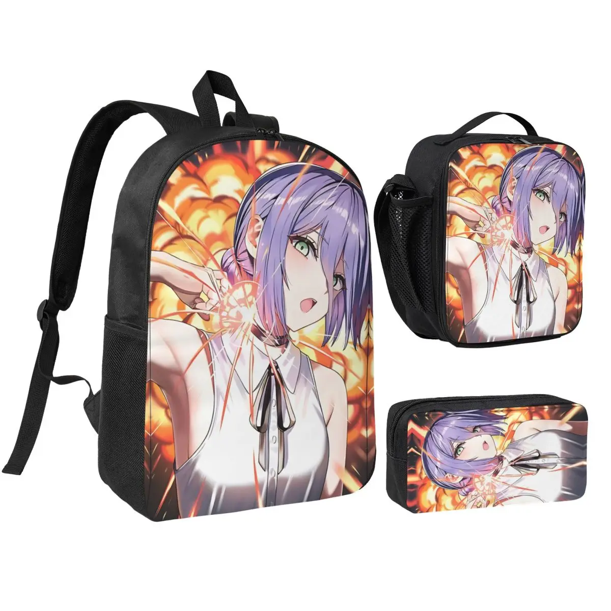 

3 шт./компл. Reze Chan Explosion Girl, мощный рюкзак с фиолетовыми волосами для студентов, мужской рюкзак с бензопилой, сумка для обеда, пенал