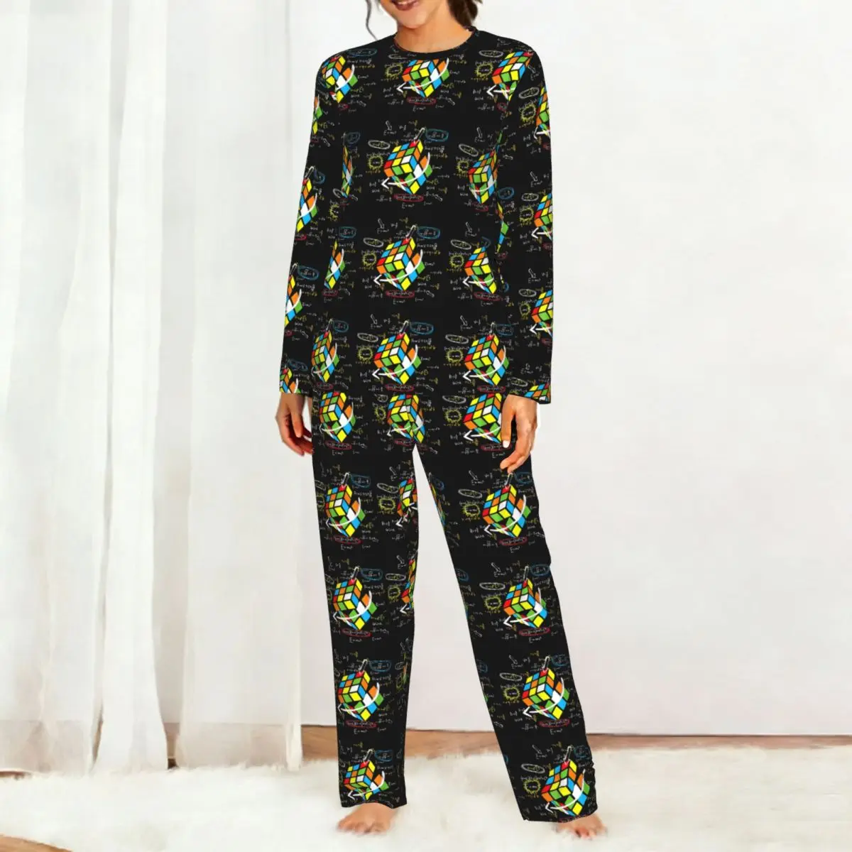 Camisón de manga larga con cuello redondo, diseño de cubo mágico Rubik, ideal para dormir, pijama holgado de mujer, pantalones largos.
