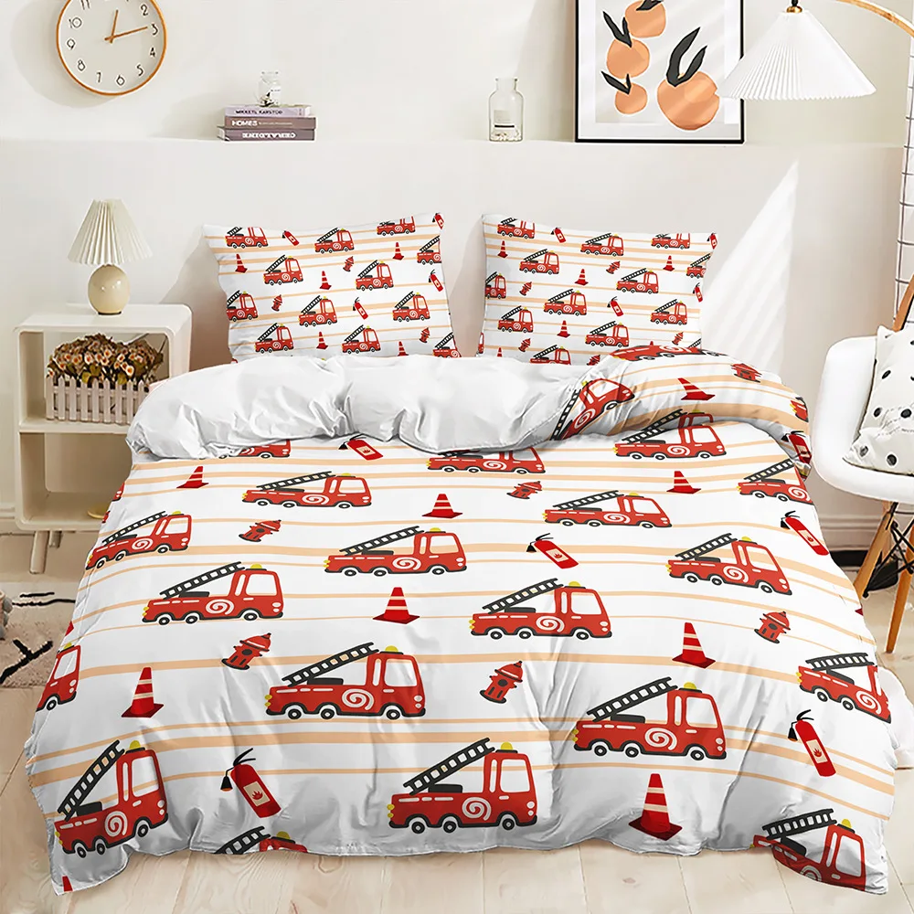 Boys Cartoon Car Bedding Set Construction Vehicles Comforter Cover 2/3pc Kids Cartoon Machinery Truck Soft Polyester Duvet Cover