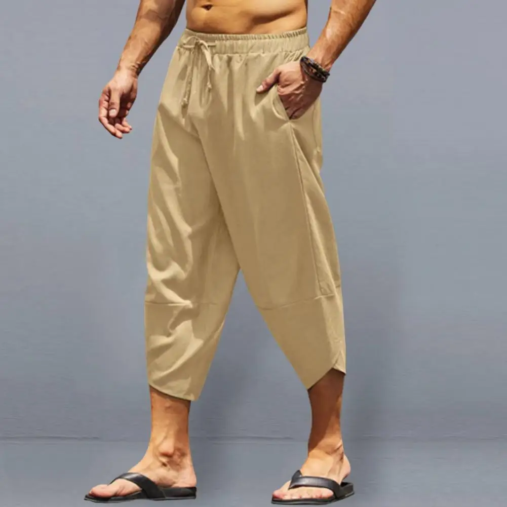 Men Cropped Pants Elastic Waistband Baggy Pants Drawstring Pockets Men Harem Pants Mid-Calf Length Summer Beach Short Trousers