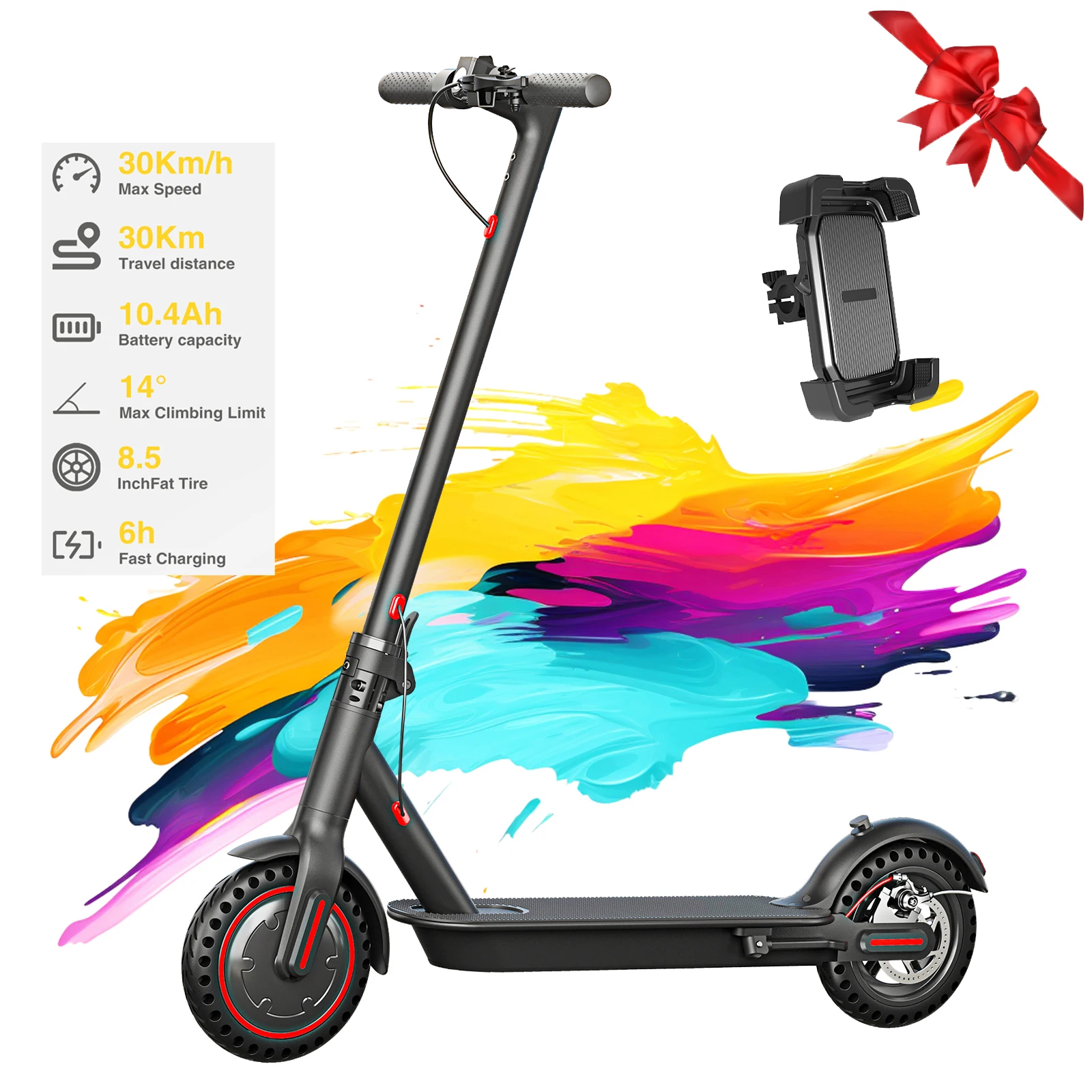 Black 350W Electric Scooter with Phone Holder for Adults Teens,36V 10.4Ah Battery,Floding Portable Commuter E-Scooter