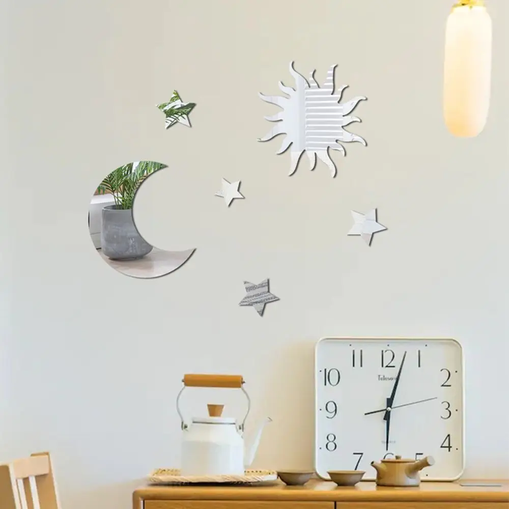 6pcs/set Creative Mirror Star Mirror Wall Sticker DIY PVC Moon Combination Decal Moon Star Mirror Art Decal Bedroom