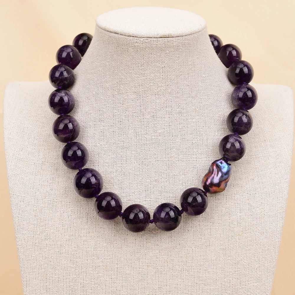 GG 18\'\' Big Stone Natural 20mm Purple Amethyst Quartz Round Beads Black Keshi Baroque Pearl Chokers Necklace Handmade For Lady