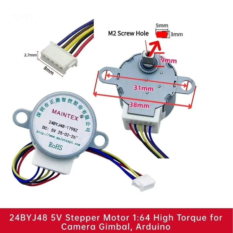 5PCS 24BYJ48 5V 4-Phase 5-Wire Stepper Motor with 64:1 Gear Reduction - For Single-Board Computers & Camera PTZ Systems