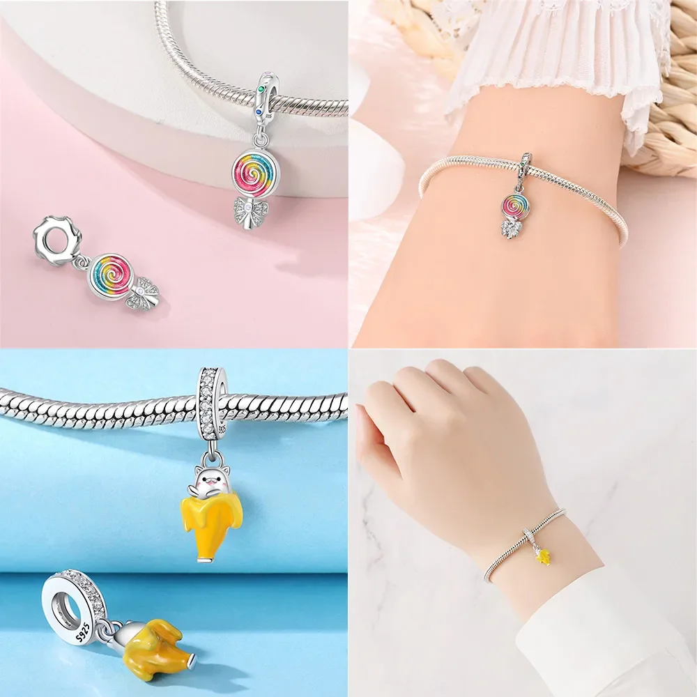 Abalorio de plata de ley 925 para mujer, accesorio de joyería con forma de fresa, corazón, donut, pizza, para fiesta