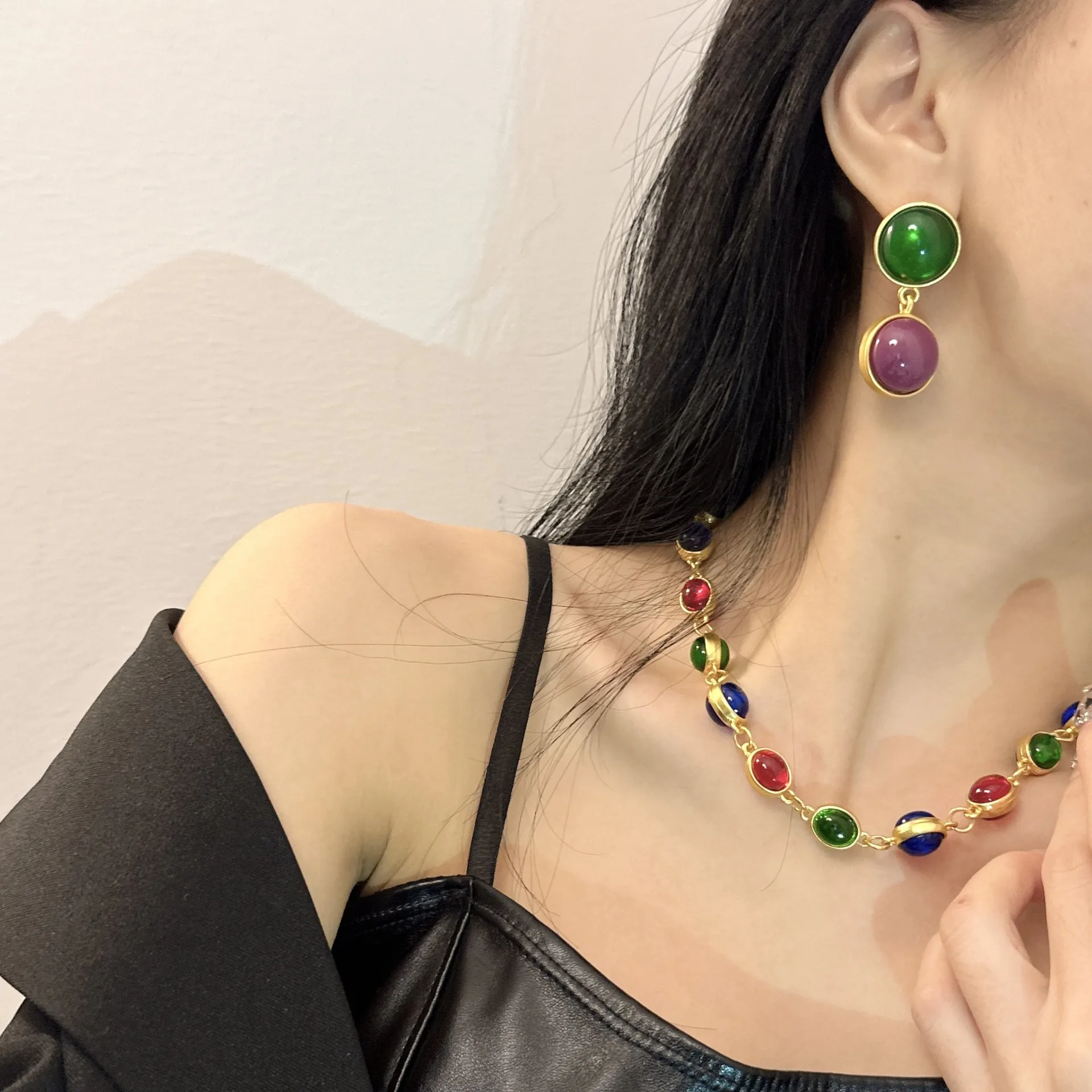 Vintage Court Style Colorful Oval Beaded Diamond Earrings Party Colorful Gemstone Necklace Girls Fashion Party Set Jewelry Gift