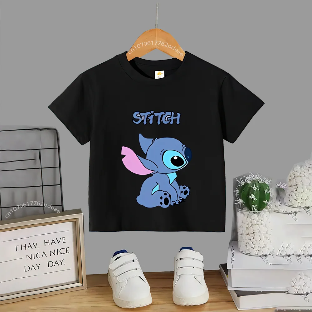 Disney Street Teen 100% Cotton T-shirt Kids Cartoon Stitch Outdoor Comfortable Casual crew neck T-shirt Boys Girls short sleeve