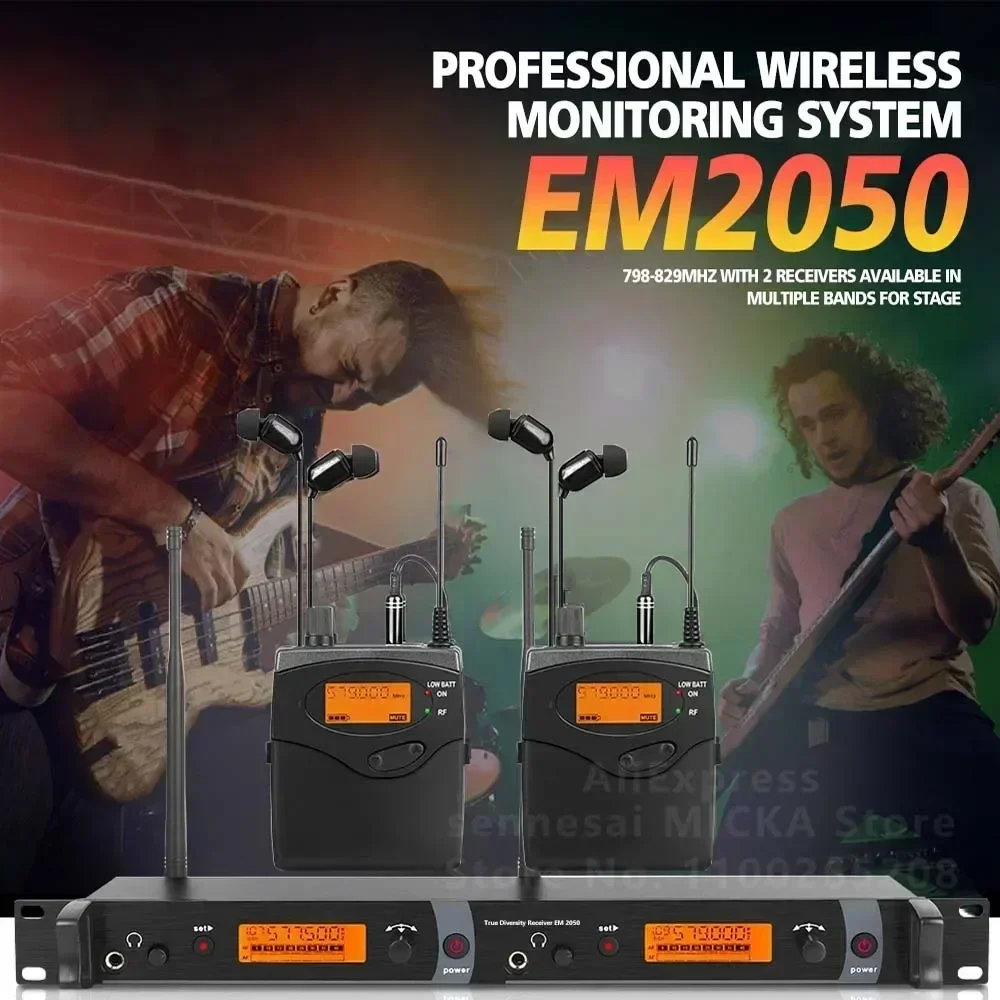 คุณภาพสูง!อินเอียร์ UHF EM-2050ระบบควบคุมการตรวจสอบ Bodypack 2ช่องมีให้เลือกหลายแถบสำหรับเวที!ทำจากโลหะทั้งตัว