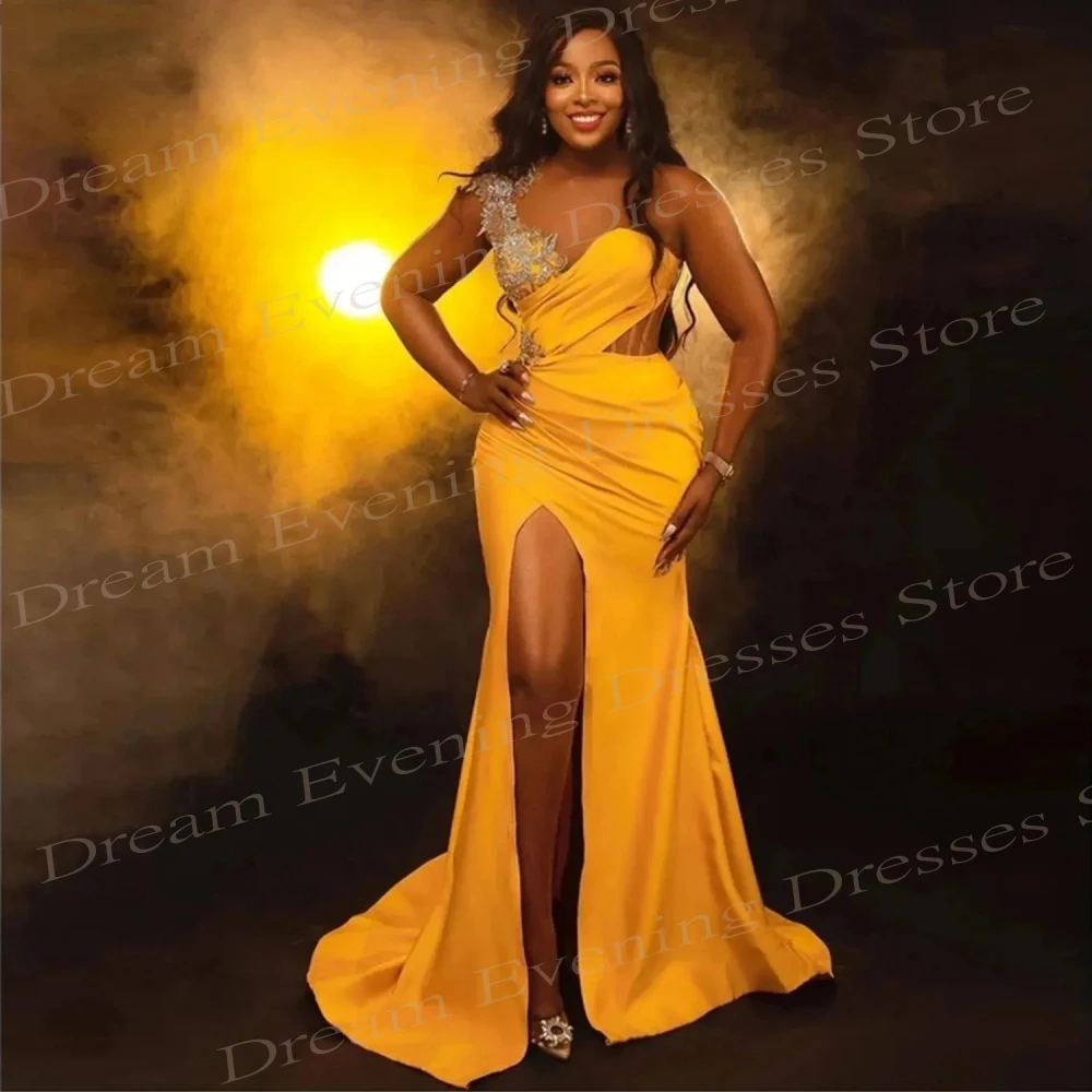 Modern New Yellow Mermaid Sexy Evening Dresses One Shoulder Sleeveless Satin Pleated Prom Gowns High Split Corset Robe De Soiree