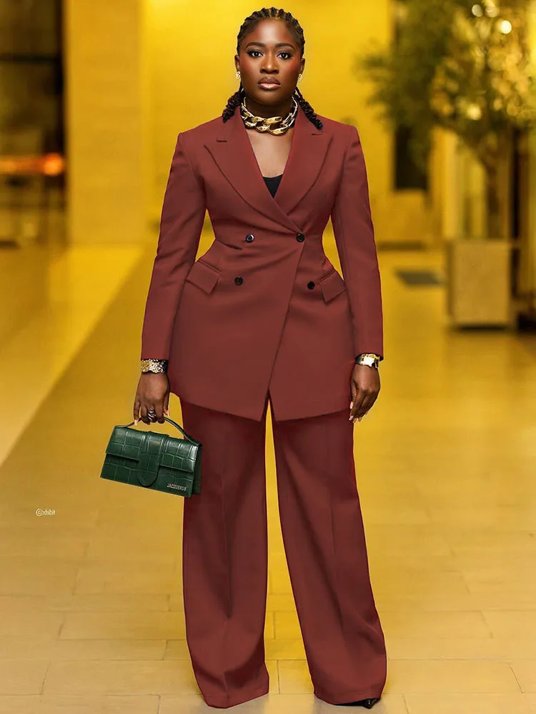 エレガントなオフィスレディ向けツーピースセット、女性用ワークウェア、ダブルブレストブレザーコートとワイドレッグパンツスーツのマッチングセット、ユニフォーム