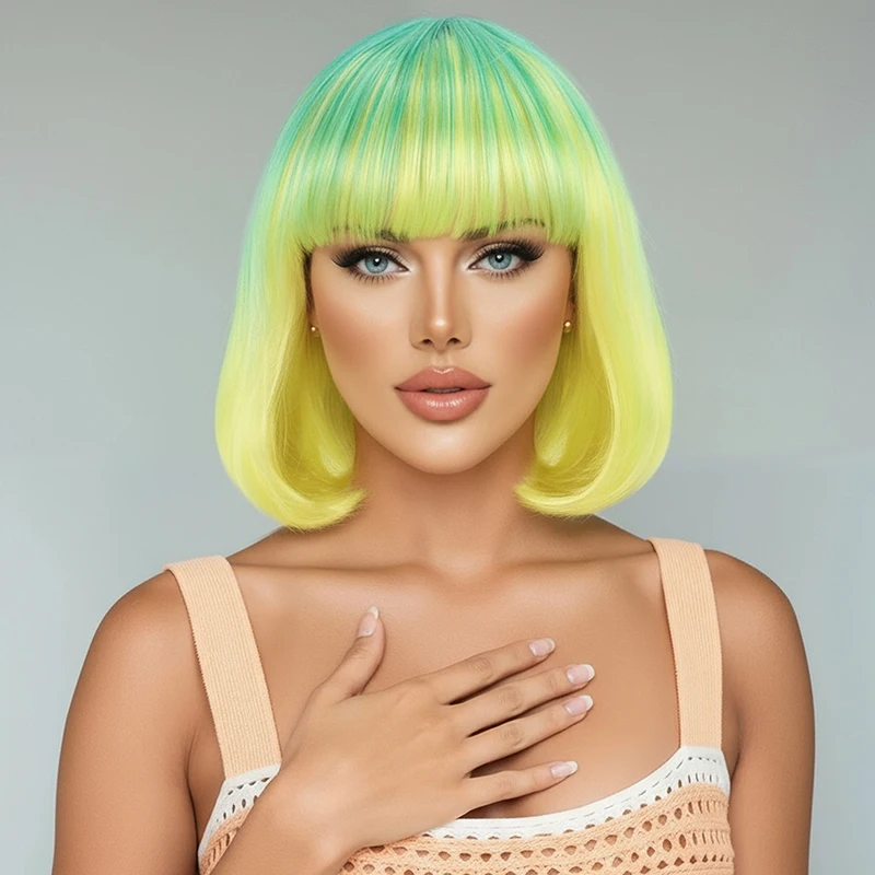 European and American fashion bangs, BOBO hair, short straight hair, curly hair, green gradient color Synthetic fiber wig