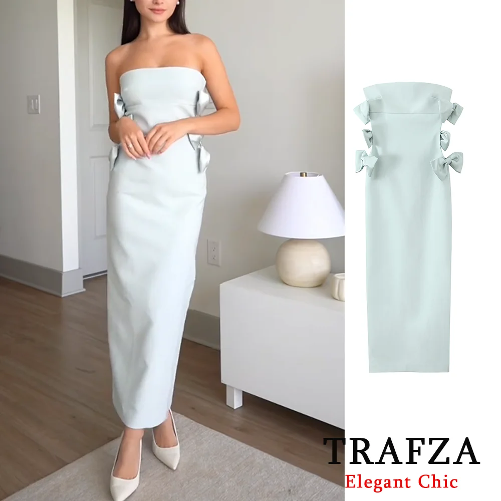 

TRAFZA Fashion Bow Long Dresses for Women 2025 Spring Autumn Sleeveless Beach Midi Dress Woman Ruched Elegant Party Chic Dresses