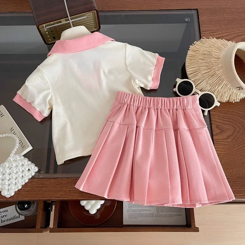 Girls Suits Summer Short Sleeve Polo Shirt+Pleated Skirt Fashion Korean Kids Casual Clothing Two Piece Sets Toddler Girl Clothes