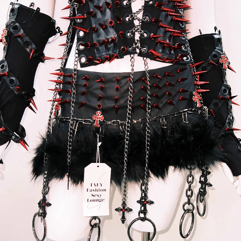 Original Design 2025 Summer New Heavy Craft Sweet Cool Rivet Women's Sling Gothic Punk Dark Sexy Hot Girl Mini Skirts Set Ladies