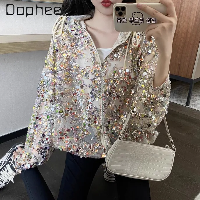 

Sequin Sunscreen Hoodie Coat Women 2024 Summer Heavy Industry Long Sleeve Zipper Drawstring Hem Hooded Short Jacket Versatile