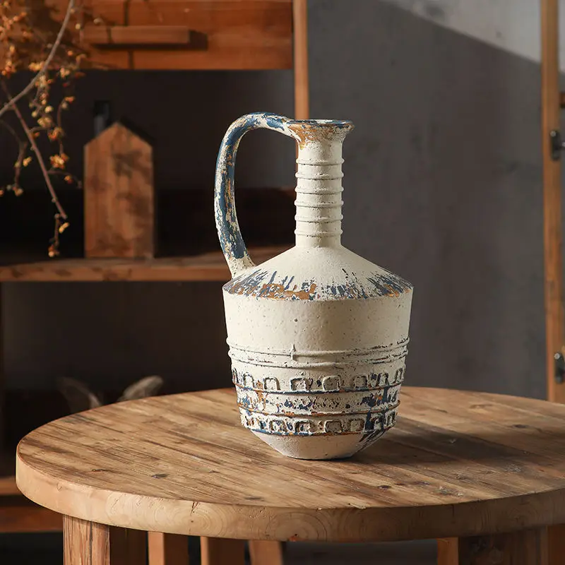 Vintage Rustic Jug Vase, Farmhouse Decorative Pitcher Vase, Distressed MgO Branch Vase Home Decor