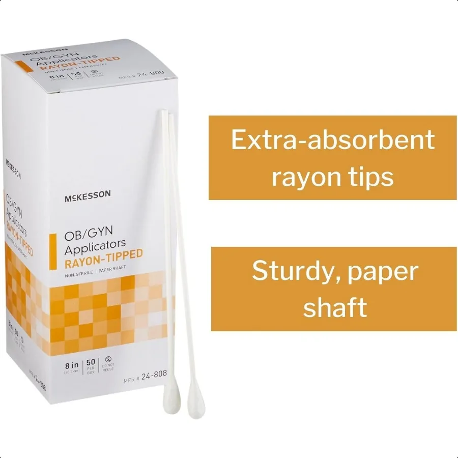 แอพพลิเคเตอร์แมคคอนสำหรับสูตินรีเวช ปลายทำจากเรยอน ไม่ใช่แบบปลอดเชื้อ ขนาด 8 นิ้ว บรรจุ 50 ชิ้น/แพ็ค