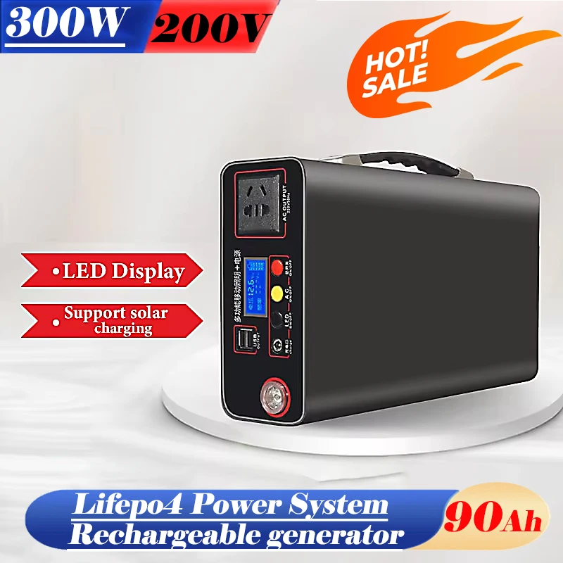 Banque d'alimentation extérieure portable avec affichage LED, secours de charge d'urgence domestique, générateur de charge du système d'alimentation Lifepo4, 220V, 300W, 90Ah