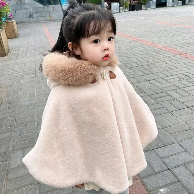 Baby Girl Cloak Faux Fur Infant Toddler Child Princess Hooded Cape Fur Collar Baby Outwear Top Warm Winter Clothes 1-7 Years Old