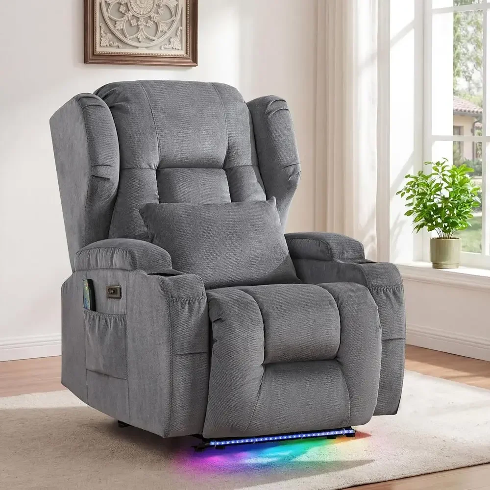 Ergonomic Massage and Heat Recliner Chair with LED Lights, Cup Holders, and USB Ports - Grey Wingback Sofa for Home Theater and