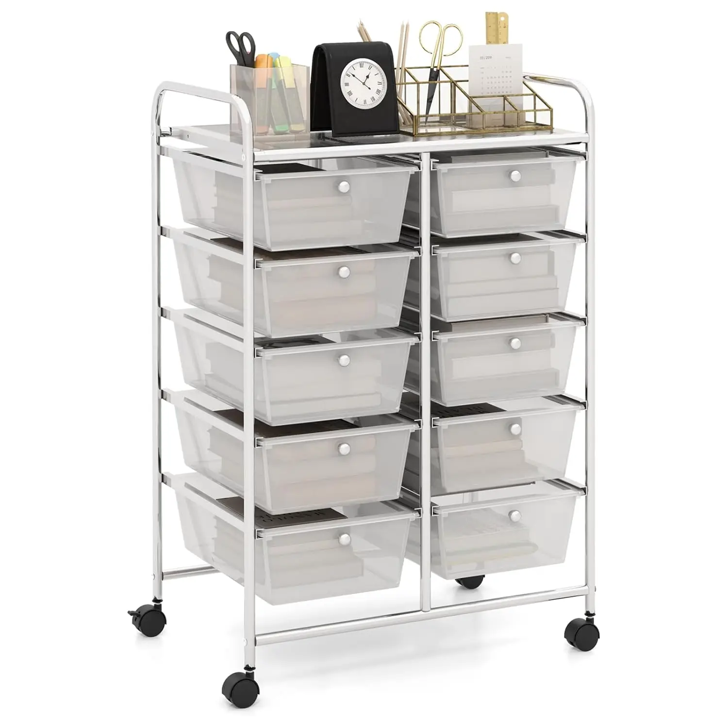 10-Drawer Rolling Storage Cart, Storage Organizer Cart with Lockable Wheels, Beauty Salon Movable Utility Cart for School, Offic