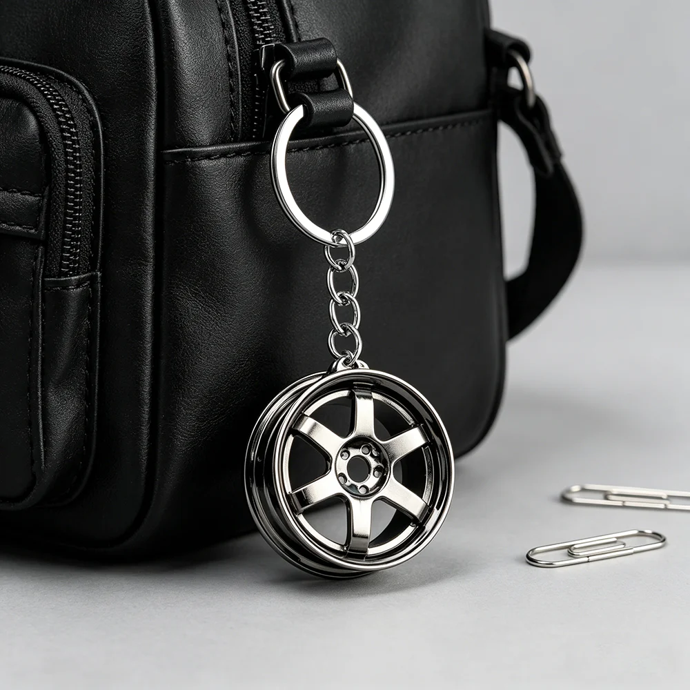 Chaveiro de Liga Metálica com Design de Roda de Carro e Aro de Pneu, Criativo, Acessório para Carro e Bolsa, Presente para Homens