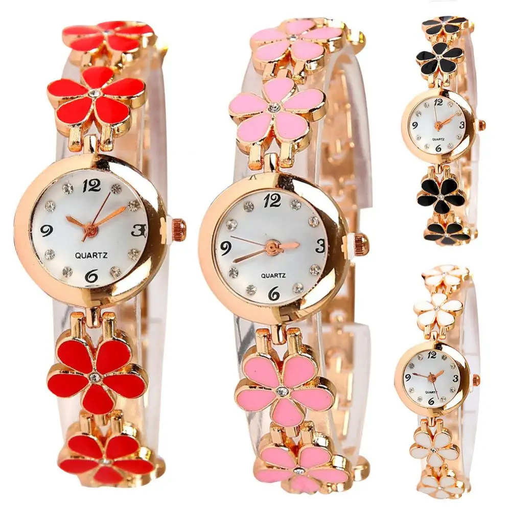 

Fashion Womens Bracelet Watches Round Dial Analog Quartz Watch Bracelet Flower Chain Wrist Watches Rhinestone Female Relogio