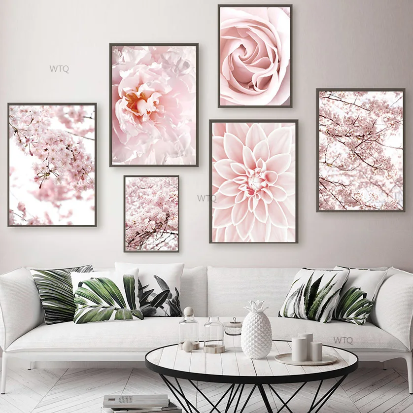 Cherry Blossoms Pink Rose Peony Dahlia Flower Nordic Posters And Prints Wall Art Canvas Painting Wall Picture For Living Room