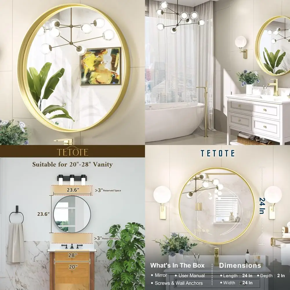 24 Inch Gold-Framed Circle Vanity Mirror, Modern Brushed Metal Wall Mount, Shatterproof Farmhouse Style Decor