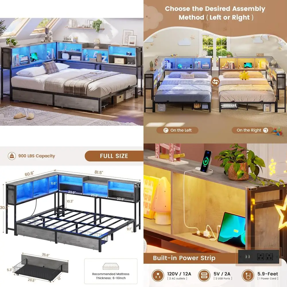 Full Corner Bed Frame with Storage Bookcase and Full Size Daybed with Storage Drawers for Kids
