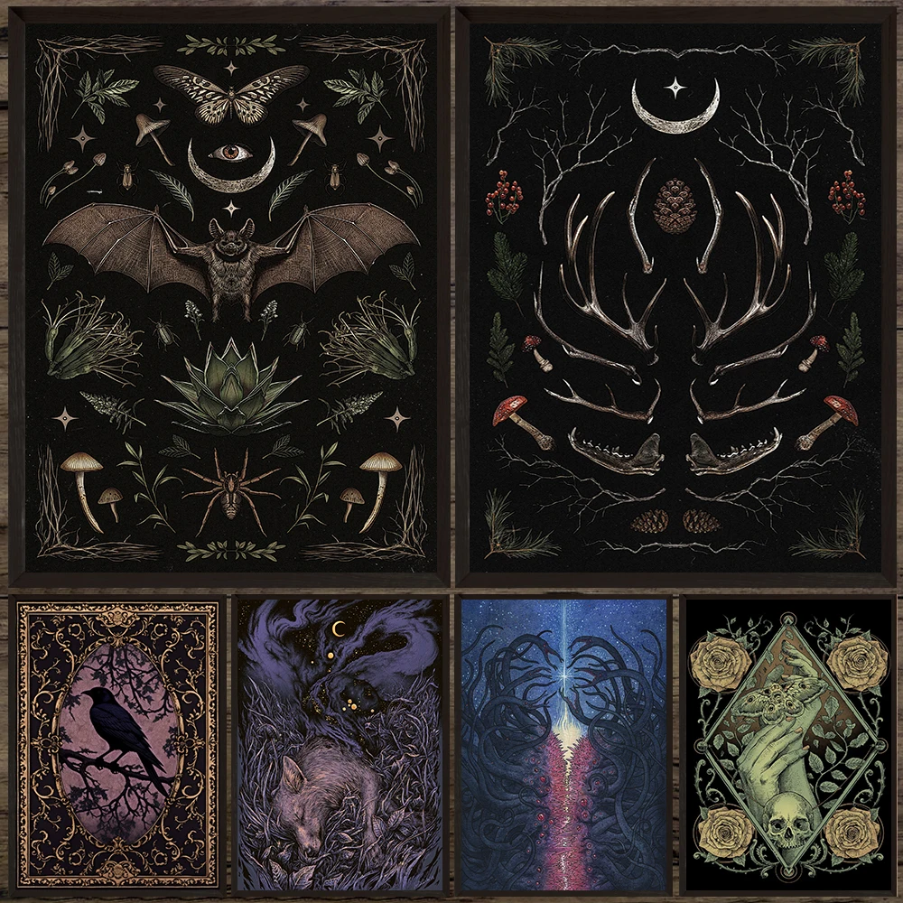 

Dark Bat Botanical And Magic Creatures,Abstract Wall Art Canvas Painting,Dark Academia Bone And Plant Art Poster Print Decor