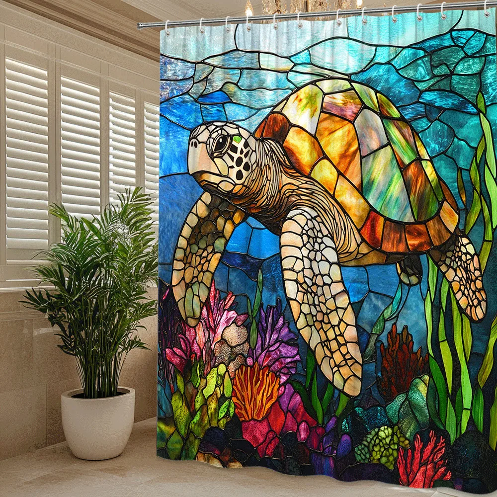 

Stained Glass Sea Turtle Shower Curtain Colorful Ocean Life Coral Reef and Marine Art Decor Waterproof Simple Installation